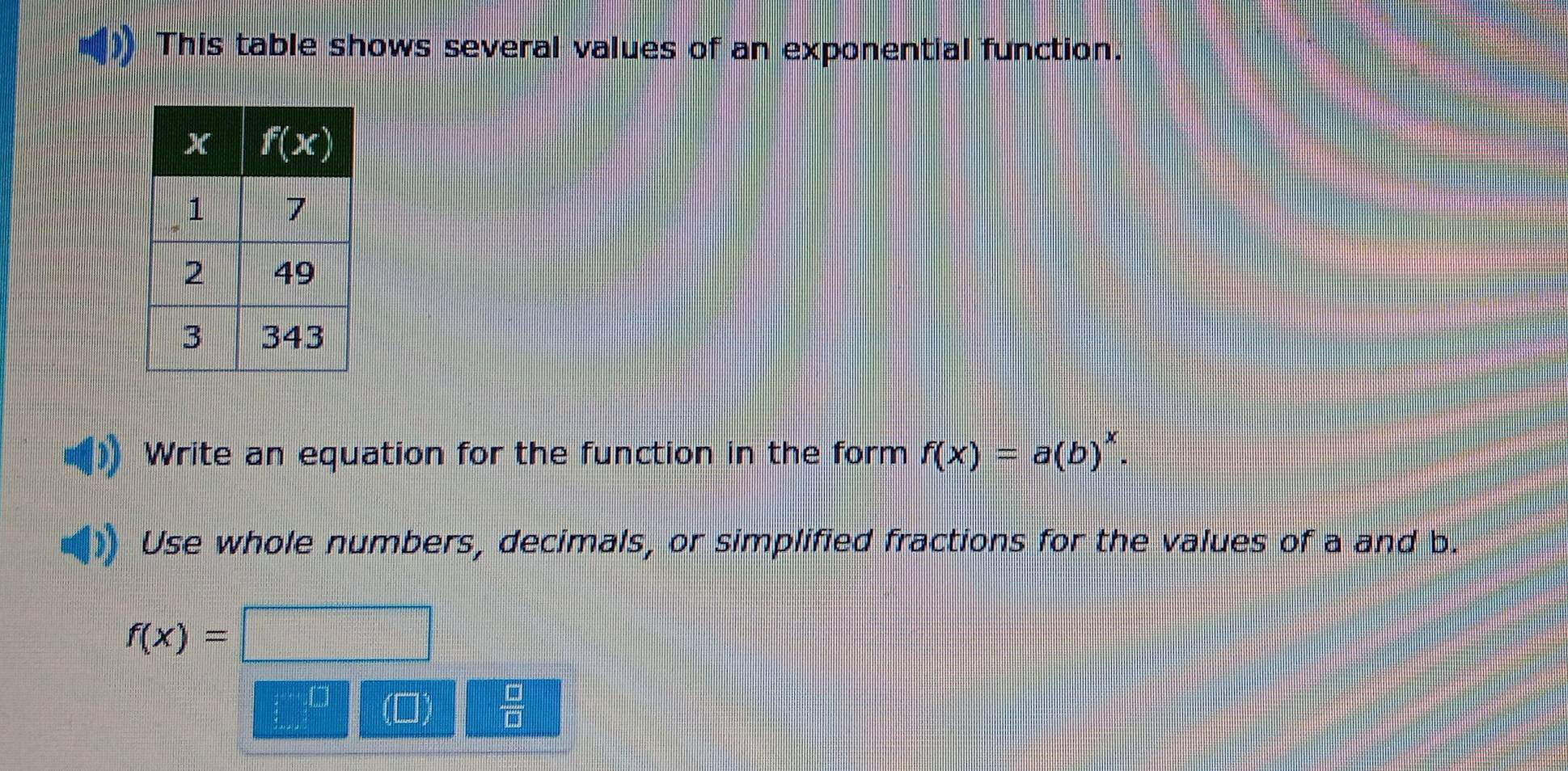 Solved: This table shows several values of an exponential function. x f ...