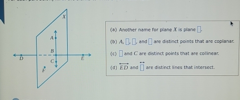 (a) Another name for plane X is plane □ .
and □ are distinct points that are coplanar.
(b) A,□ ,□ ,
(c) □ and C are distinct points that are collinear.
(d) overleftrightarrow ED and overleftrightarrow □  are distinct lines that intersect.