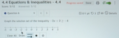 4.4 Equations & inequalities - 4.4 Progress saved Done sqrt(0) 
Score: 5/12 Answered: S/12 
Question 6 , □0/1 pt つ 3 c^(-3) 99 (i) Details 
Graph the solution set of the inequality -2x+2≥ -4
Clear All Draw: