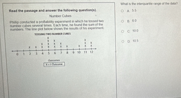 What is the interquartile range of the data?
Read the passage and answer the following question(s). A 5 5
Number Cubes
Phillip conducted a probability experiment in which he tossed two B 6 0
number cubes several times. Each time, he found the sum of the
numbers. The line plot below shows the results of his experiment
C. 10 0
D. 10 5
x=1 Outcome