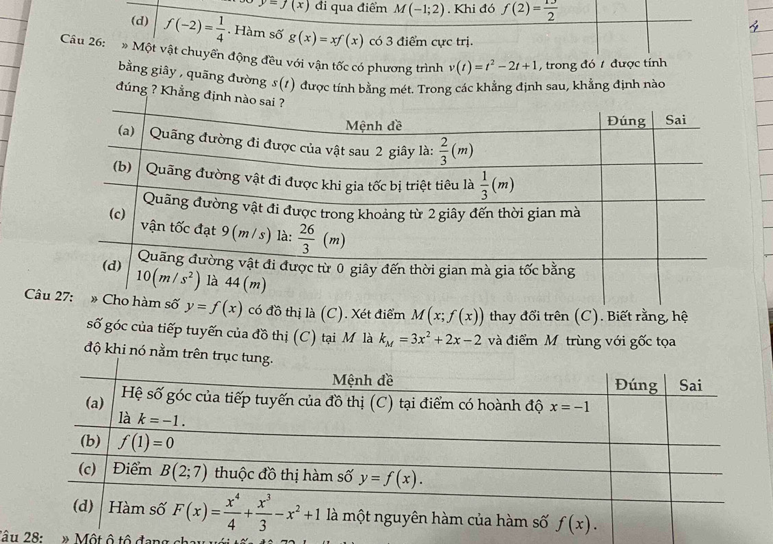 y=f(x) đi qua điểm M(-1;2). Khi đó f(2)= 13/2 
(d) f(-2)= 1/4 . Hàm số g(x)=xf(x) có 3 điểm cực trị.
Câu 26: NM vật chuyển động đều với vận tốc có phương trình v(t)=t^2-2t+1 , trong đó t được tính
bằng giây , quāng đường s(t) / được tính bằng mét. Trong các khẳng định sau, khằng định nào
đúng ? Khẳng 
Câu y=f(x) có đồ thị là (C). Xét điểm M(x;f(x)) thay đổi trên (C). Biết rằng, hệ
số góc của tiếp tuyến của đồ thị (C) tại M là k_M=3x^2+2x-2 và điểm Mô trùng với gốc tọa
độ khi nó nằm trê
Tâu 28: * Một ô tô đan g c