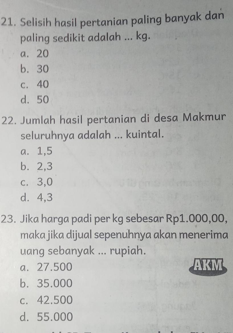 Selisih hasil pertanian paling banyak dan
paling sedikit adalah ... kg.
a. 20
b. 30
c. 40
d. 50
22. Jumlah hasil pertanian di desa Makmur
seluruhnya adalah ... kuintal.
a. 1,5
b. 2,3
c. 3,0
d. 4,3
23. Jika harga padi per kg sebesar Rp1.000,00,
maka jika dijual sepenuhnya akan menerima
uang sebanyak ... rupiah.
a. 27.500 AKM
b. 35.000
c. 42.500
d. 55.000