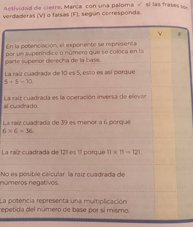 Actividad de cierre. Marca con una paloma √ si las frases son
verdaderas (V) o falsas (F), según corresponda.
E
p
pa
L
L
al 
La
La 
No 
núm
La 
repe