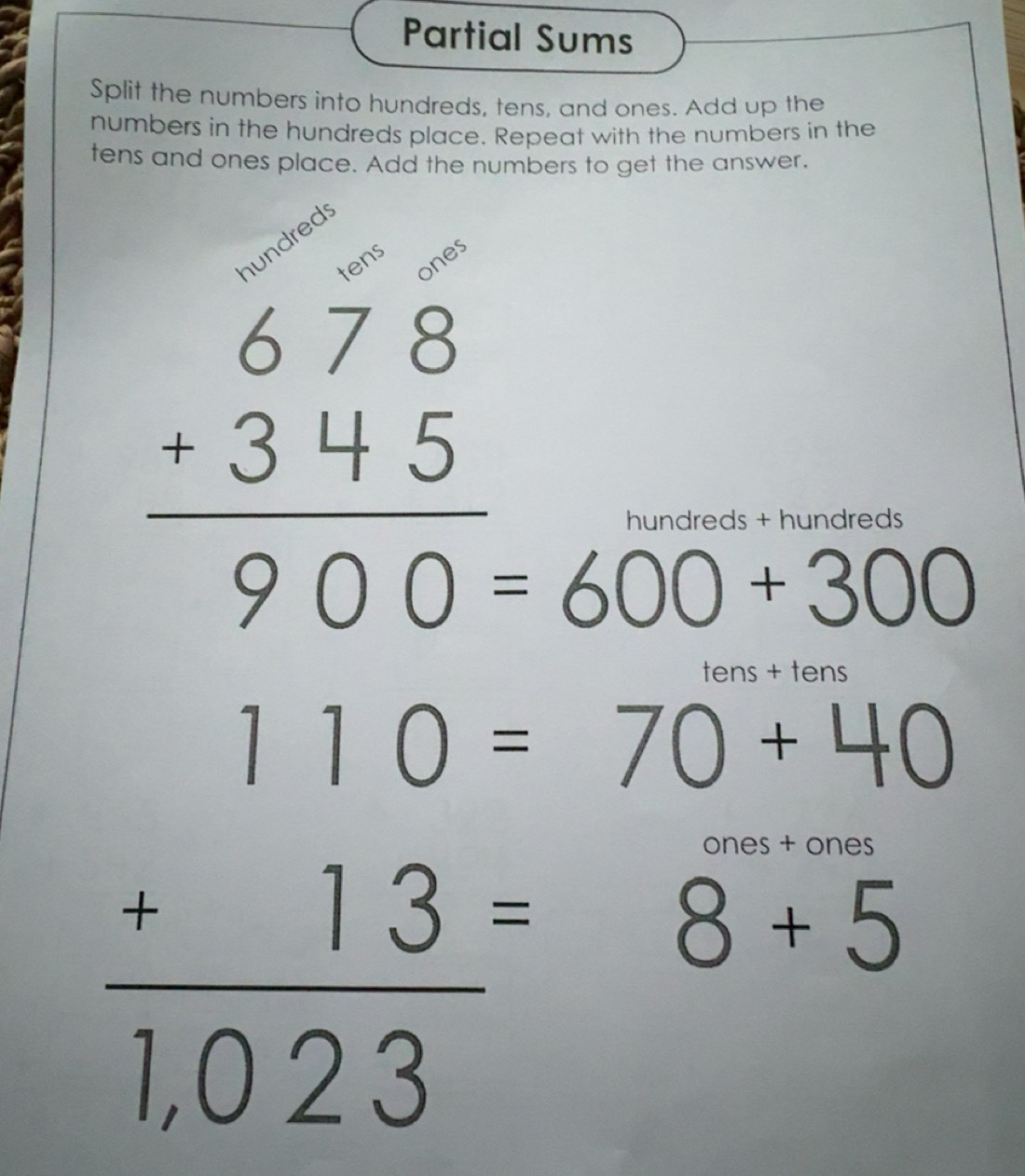 Solved: Partial Sums Split the numbers into hundreds, tens, and ones ...