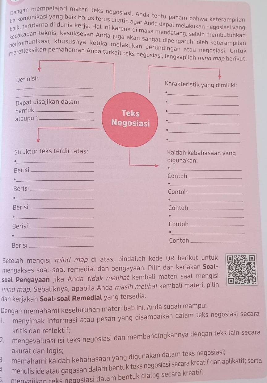 Dengan mempelajari materi teks negosiasi, Anda tentu paham bahwa keterampilan
berkomunikasi yang baik harus terus dilatih agar Anda dapat melakukan negosiasì yang
baik, terutama di dunia kerja. Hal ini karena di masa mendatang, selain membutuhkan
kecakapan teknis, kesuksesan Anda juga akan sangat dipengaruhi oleh keterampilan
berkomunikasi, khususnya ketika melakukan perundingan atau negosiasi. Untuk
merefleksikan pemahaman Anda terkait teks negosiasi, lengkapilah mind map berikut.
Definisi:
_
Karakteristik yang dimiliki:
_
_
Dapat disajikan dalam
_
bentuk_
Teks
_
ataupun_
Negosiasi_
_
_
Struktur teks terdiri atas: Kaidah kebahasaan yang
_
digunakan:
Berisi_
_
_
Contoh_
Berisi_
_
Contoh_
_
_
Berisi _Contoh_
_
_
Berisi_
Contoh_
_
_
Contoh_
Berisi_
Setelah mengisi mind map di atas, pindailah kode QR berikut untuk
mengakses soal-soal remedial dan pengayaan. Pilih dan kerjakan Soal-
soal Pengayaan jika Anda tidak melihat kembali materi saat mengisi
mind map. Sebaliknya, apabila Anda masih melihat kembali materi, pilih
dan kerjakan Soal-soal Remedial yang tersedia.
Dengan memahami keseluruhan materi bab ini, Anda sudah mampu:
1. menyimak informasi atau pesan yang disampaikan dalam teks negosiasi secara
kritis dan reflektif;
2. mengevaluasi isi teks negosiasi dan membandingkannya dengan teks lain secara
akurat dan logis;
B. memahami kaidah kebahasaan yang digunakan dalam teks negosiasi;
4. menulis ide atau gagasan dalam bentuk teks negosiasi secara kreatif dan aplikatif; serta
menvaiikan teks negosiasi dalam bentuk dialog secara kreatif.