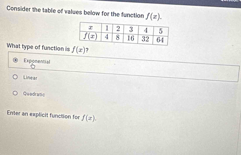 Consider the table of values below for the function f(x).
What type of function is f(x) ?
Exponential
Linear
Quadratic
Enter an explicit function for f(x).