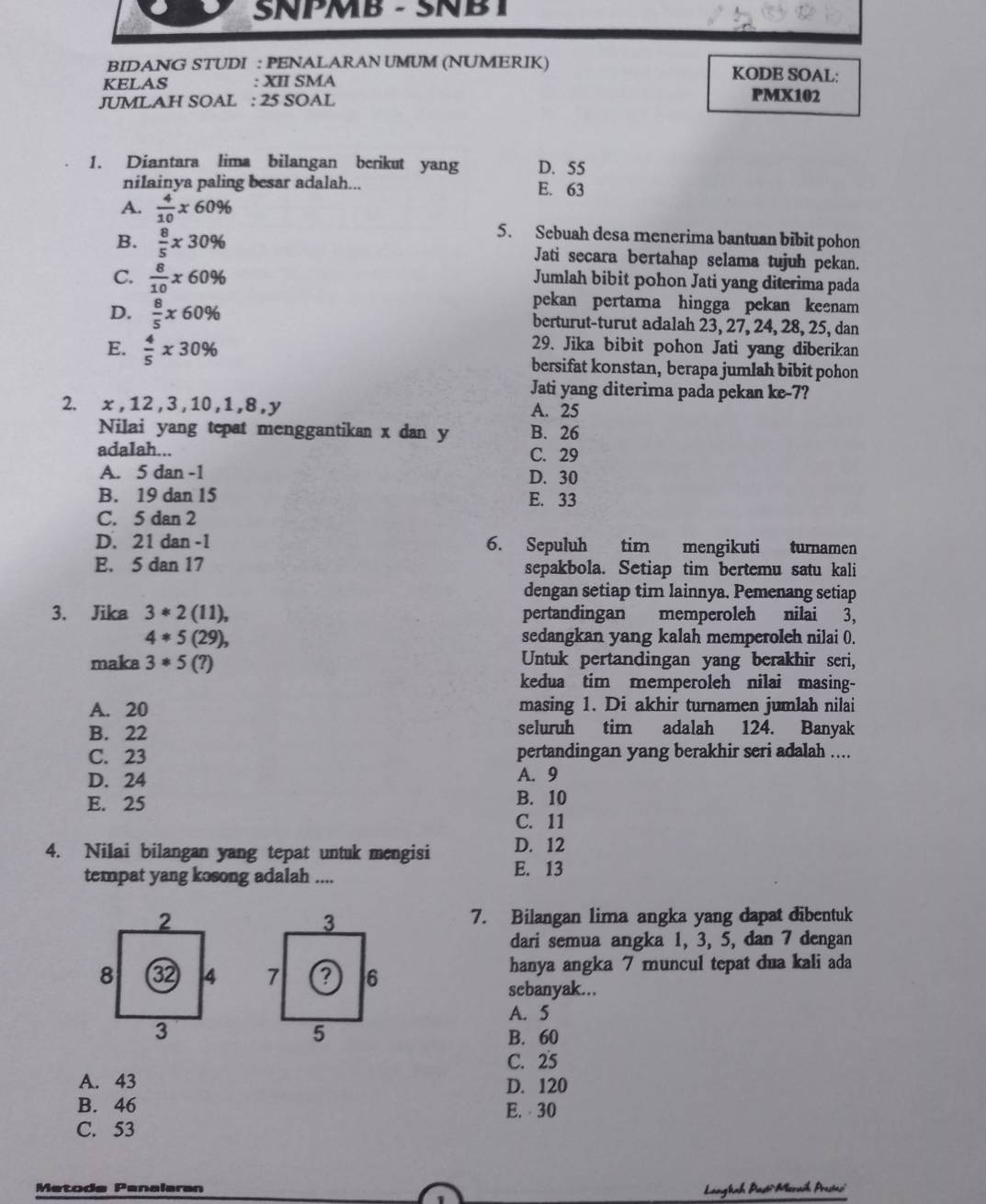 SNPMB - SNB T
BIDANG STUDI : PENALARAN UMUM (NUMERIK) KODE SOAL:
KELAS : XII SMA PMX102
JUMLAH SOAL : 25 SOAL
1. Diantara lima bilangan berikut yang D. 55
nilainya paling besar adalah... E. 63
A.  4/10 * 60%
5. Sebuah desa menerima bantuan bibit pohon
B.  8/5 * 30% Jati secara bertahap selama tujuh pekan.
C.  8/10 * 60%
Jumlah bibit pohon Jati yang diterima pada
pekan pertama hingga pekan keenam
D.  8/5 * 60% berturut-turut adalah 23, 27, 24, 28, 25, dan
29. Jika bibit pohon Jati yang diberikan
E.  4/5 x30% bersifat konstan, berapa jumlah bibit pohon
Jati yang diterima pada pekan ke-7?
2. x,12,3,10,1,8,y A. 25
Nilai yang tepat menggantikan x dan y B. 26
ada1ah... C. 29
A. 5 dan -1 D. 30
B. 19 dan 15 E. 33
C. 5 dan 2
D. 21 dan -1 6. Sepuluh tim mengikuti turnamen
E. 5 dan 17 sepakbola. Setiap tim bertemu satu kali
dengan setiap tim lainnya. Pemenang setiap
3. Jika 3*2(11), pertandingan memperoleh nilai 3,
4*5(29), sedangkan yang kalah memperoleh nilai 0.
maka 3*5(?) Untuk pertandingan yang berakhir seri,
kedua tim memperoleh nilai masing-
A. 20 masing 1. Di akhir turnamen jumlah nilai
B. 22 seluruh tim adalah 124. Banyak
C. 23 pertandingan yang berakhir seri adalah ....
D. 24 A. 9
E. 25 B.10
C. 11
D. 12
4. Nilai bilangan yang tepat untuk mengisi E. 13
tempat yang kosong adalah ....
7. Bilangan lima angka yang dapat dibentuk
dari semua angka 1, 3, 5, dan 7 dengan
hanya angka 7 muncul tepat dua kali ada
sebanyak...
A. 5
B. 60
C. 25
A. 43 D. 120
B. 46 E.  30
C. 53
Metode Penalaran
Lang'kah Pasti Meraih Presta