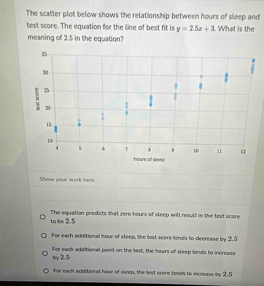 The scatter plot below shows the relationship between hours of sleep and
test score. The equation for the line of best fit is y=2.5x+3. What is the
meaning of 2.5 in the equation?
Show your work here
The equation predicts that zero hours of sleep will result in the test score
to be 2.5
For each additional hour of sleep, the test score tends to decrease by 2.5
For each additional point on the test, the hours of sleep tends to increase
by 2.5
For each additional hour of sleep, the test score tends to increase by 2.5