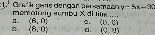 Grafik garis dengan persamaan y=5x-30
memotong sumbu X di titik ....
a. (6,0) C. (0,6)
b. (8,0) d. (0,8)