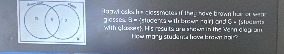 Raawi asks his classmates if they have brown hair or wear
13 3 2 glasses. B= students with brown hair and G= students 
with glasses. His results are shown in the Venn diagram. 
How many students have brown hair?