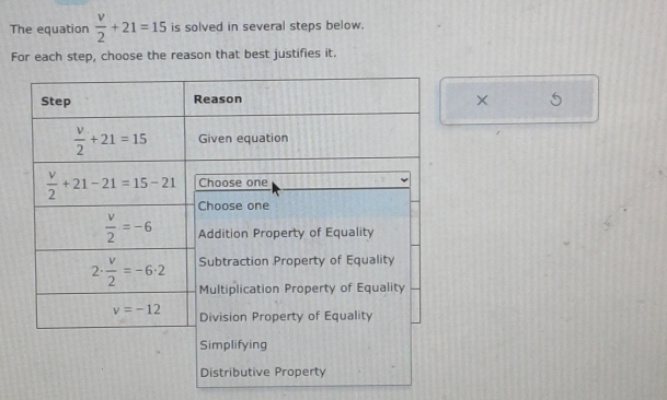 The equation  v/2 +21=15 is solved in several steps below.
For each step, choose the reason that best justifies it.
×
Distributive Property