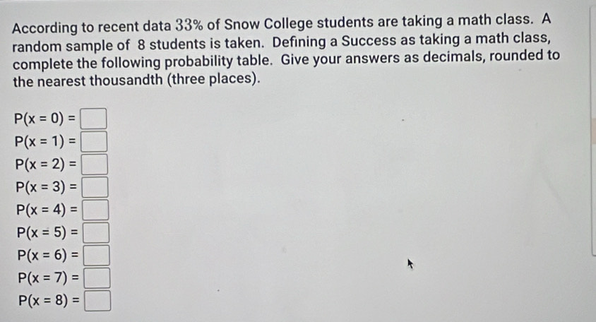 According to recent data 33% of Snow College students are taking a math class. A 
random sample of 8 students is taken. Defining a Success as taking a math class, 
complete the following probability table. Give your answers as decimals, rounded to 
the nearest thousandth (three places).
P(x=0)=□
P(x=1)=□
P(x=2)=□
P(x=3)=□
P(x=4)=□
P(x=5)=□
P(x=6)=□
P(x=7)=□
P(x=8)=□