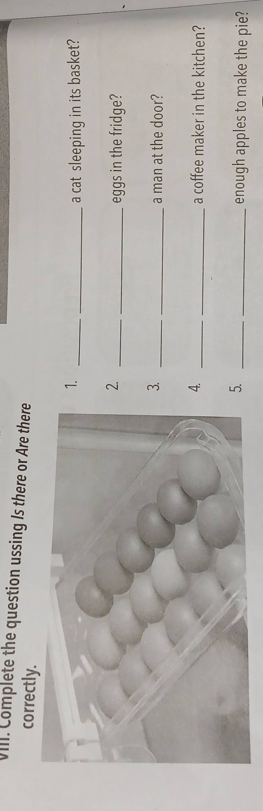 Complete the question ussing Is there or Are there 
correctly. 
1._ 
_a cat sleeping in its basket? 
2._ 
eggs in the fridge? 
3._ 
_a man at the door? 
4. __a coffee maker in the kitchen? 
._ 
_enough apples to make the pie?