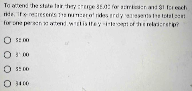 To attend the state fair, they charge $6.00 for admission and $1 for each
ride. If x - represents the number of rides and y represents the total cost
for one person to attend, what is the y-intercept of this relationship?
$6.00
$1.00
$5.00
$4.00