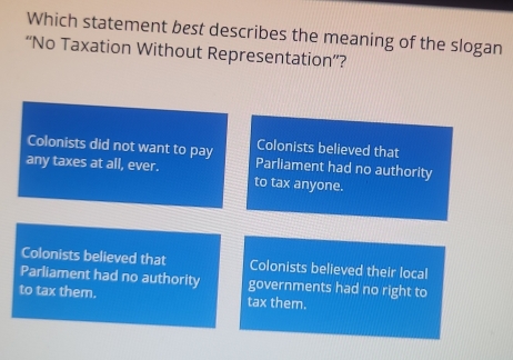 Which statement best describes the meaning of the slogan
“No Taxation Without Representation”?
Colonists believed that
Colonists did not want to pay Parliament had no authority
any taxes at all, ever. to tax anyone.
Colonists believed that Colonists believed their local
Parliament had no authority governments had no right to
to tax them. tax them.