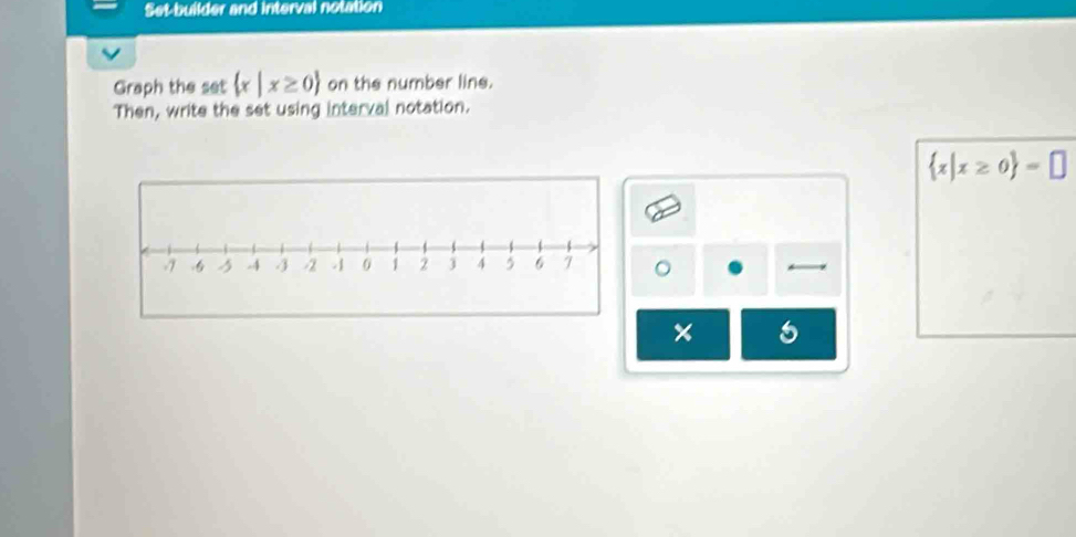 Set-builder and interval notation 
Graph the set  x|x≥ 0 on the number line. 
Then, write the set using interval notation.
 x|x≥ 0 =□
。 
× 6