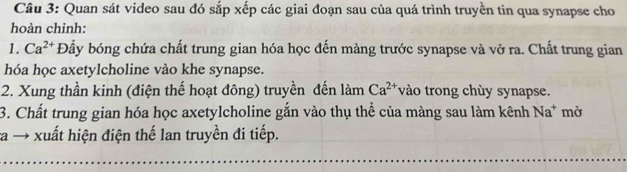 Quan sát video sau đó sắp xếp các giai đoạn sau của quá trình truyền tin qua synapse cho 
hoàn chỉnh: 
1. Ca^(2+) Đầy bóng chứa chất trung gian hóa học đến màng trước synapse và vở ra. Chất trung gian 
hóa học axetylcholine vào khe synapse. 
2. Xung thần kinh (điện thế hoạt đông) truyền đến làm Ca^(2+) vào trong chùy synapse. 
3. Chất trung gian hóa học axetylcholine gắn vào thụ thể của màng sau làm kênh Na^+ mở 
:a → xuất hiện điện thế lan truyền đi tiếp.