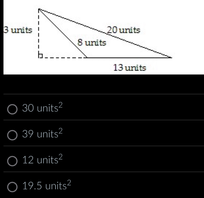 30units^2
39units^2
12units^2
19.5units^2