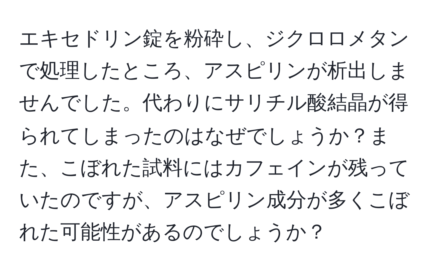 エキセドリン錠を粉砕し、ジクロロメタンで処理したところ、アスピリンが析出しませんでした。代わりにサリチル酸結晶が得られてしまったのはなぜでしょうか？また、こぼれた試料にはカフェインが残っていたのですが、アスピリン成分が多くこぼれた可能性があるのでしょうか？