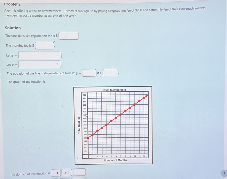 Problem 
A gym is offering a deal to new members. Customers can sign up by paying a registration fee of $200 and a monthly fee of $40. How much will this 
membership cost a member at the end of one year? 
Solution 
The one-time, set, registration fee is $ □. 
The monthly fee is $ □
letx=□
Let y=boxed / . 
The equation of the line in slope-intercept form is: y=□ x+□. 
The graph of the function is: 
The domain of this function is □ □ ≥ □
?