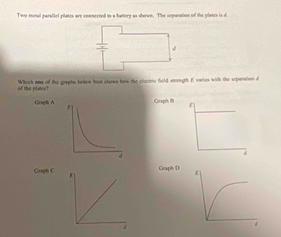 Two metal parallel plates are connected to a battery as shown. The separation of the plates is d 
Which one of the graphs below best shows how the electric field strength E varies with the separation d 
of the plates? 
Graph AGraph B E 
d 
Graph 
Graph C