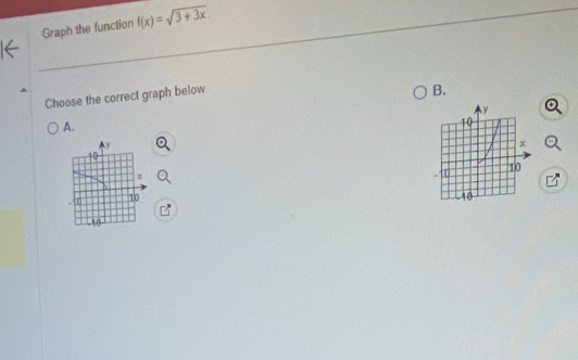 Graph the function f(x)=sqrt(3+3x). 
Choose the correct graph below. 
B. 
A.