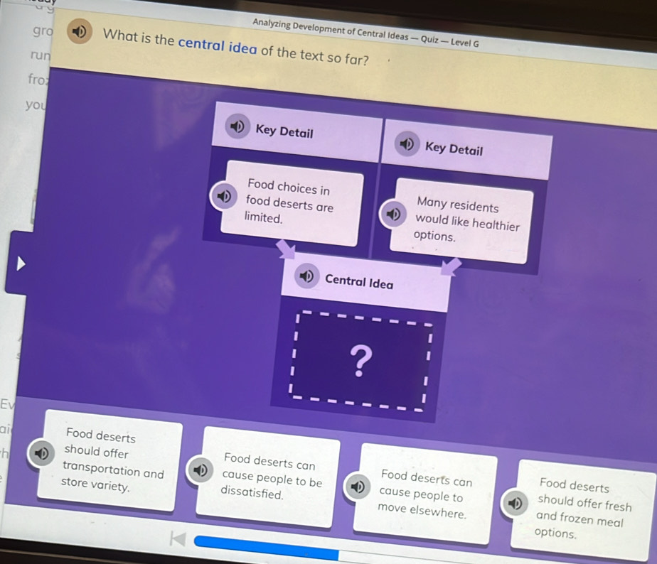 Analyzing Development of Central Ideas — Quiz — Level G 
gro What is the central idea of the text so far? 
run 
fro: 
you 
Key Detail Key Detail 
Food choices in Many residents 
food deserts are would like healthier 
limited. options. 
Central Idea 
? 
Ev 
ail Food deserts 
h should offer 
Food deserts can Food deserts can Food deserts 
transportation and cause people to be cause people to 
store variety. 
should offer fresh 
dissatisfied. move elsewhere. and frozen meal 
options.