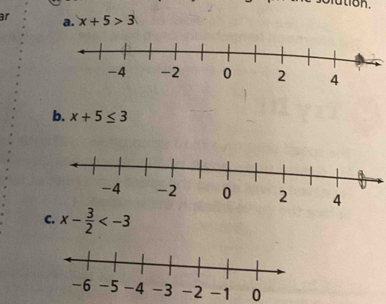 tion. 
ar a. x+5>3
b. x+5≤ 3
C. x- 3/2 
0