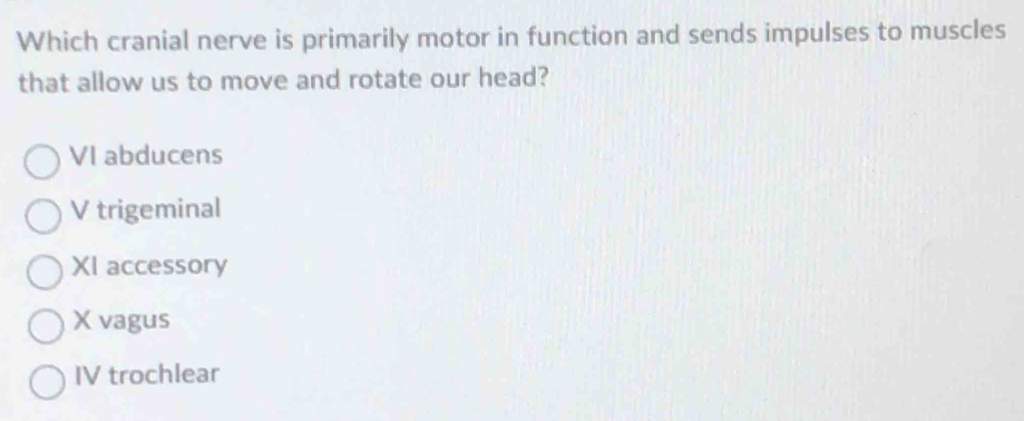 Which cranial nerve is primarily motor in function and sends impulses to muscles
that allow us to move and rotate our head?
VI abducens
V trigeminal
XI accessory
X vagus
IV trochlear