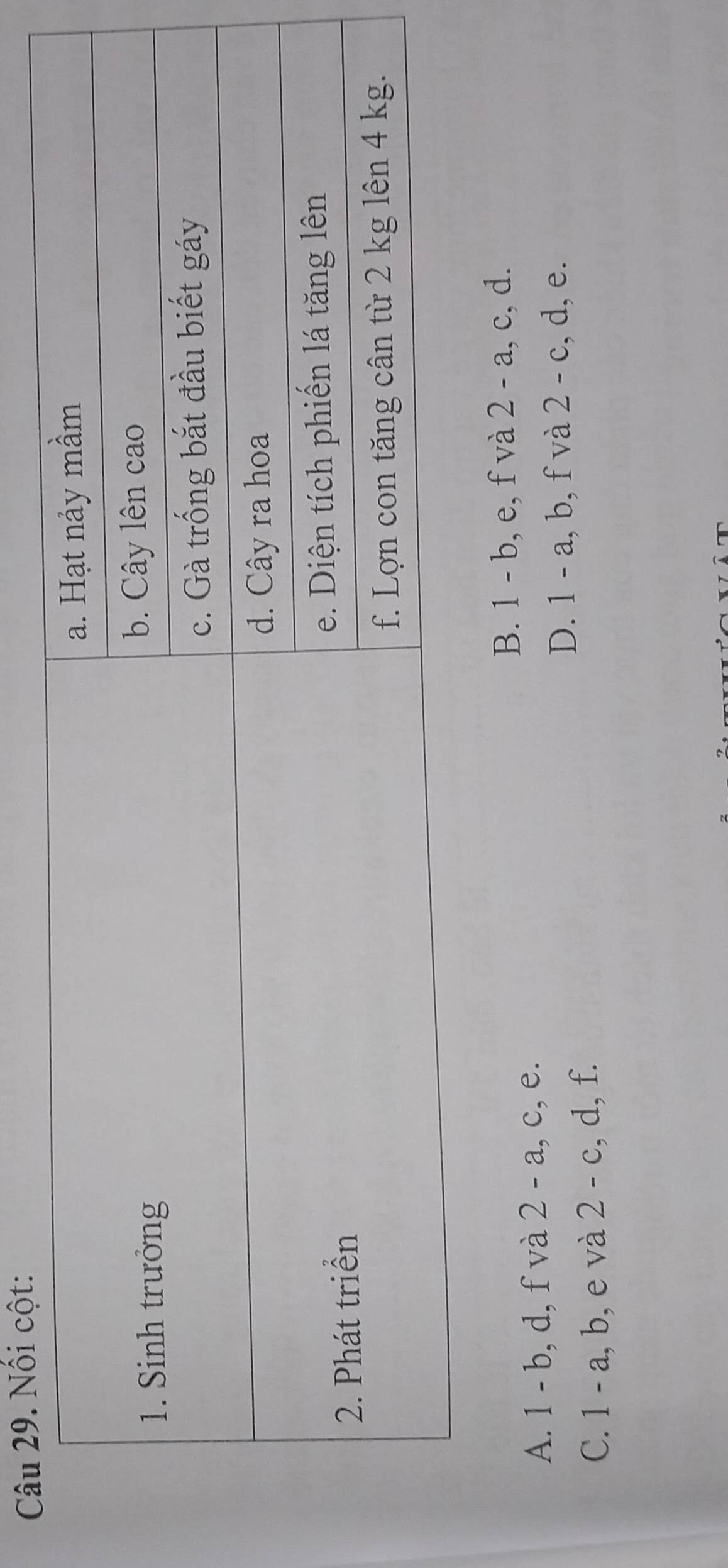 Nối cột:
B. 1 - b, e, f và 2 - a, c, d.
A. 1 - b, d, f và 2 - a, c, e.
D. 1 - a, b, f và 2- c, d, e.
C. 1 - a, b, e và 2 - c, d, f.