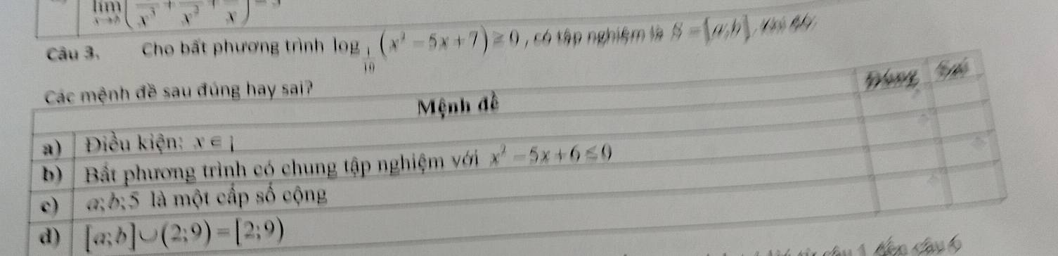 limlimits _xto 2(frac x^3+frac x)^-3
Cho bất phương trình log _ 1/10 (x^2-5x+7)≥ 0 , có tập nghiệm là S= a,b