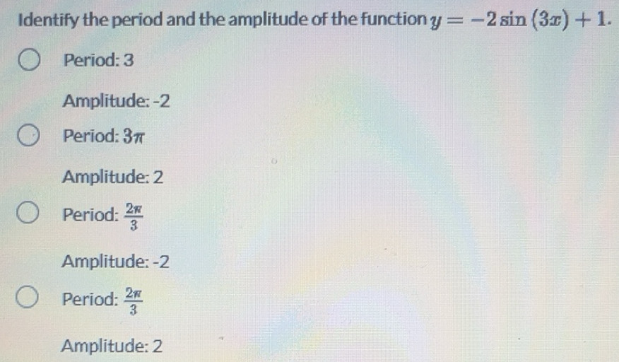 Solved: Identify the period and the amplitude of the function y=-2sin ...