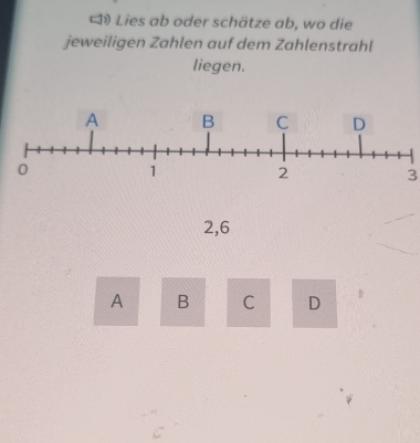 () Lies ab oder schätze ab, wo die
jeweiligen Zahlen auf dem Zahlenstrahl
liegen.
3
2, 6
A B C D