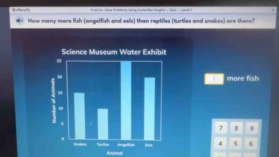 HReady Practica: Solve Problems Using Scaled Bar Graphs — Quiz — Level C w 
How many more fish (angelfish and eels) than reptiles (turtles and snakes) are there? 
more fish
7 8 9
4 5 6
Animal