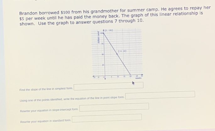 Brandon borrowed $100 from his grandmother for summer camp. He agrees to repay her
$5 per week until he has paid the money back. The graph of this linear relationship is
shown. Use the graph to answer questions 7 through 10.
Find the slope of the line in simplest form. □
Using one of the points identified, write the equation of the line in point slope form. □
Rewrite your equation in slope-intercept form. □
Rewrite your equation in standard form. □