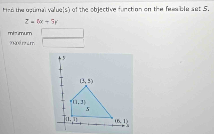 Find the optimal value(s) of the objective function on the feasible set S.
Z=6x+5y
mìnimum
maximum