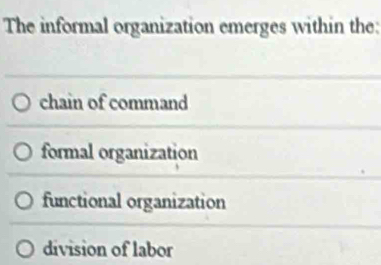 The informal organization emerges within the:
chain of command
formal organization
functional organization
division of labor