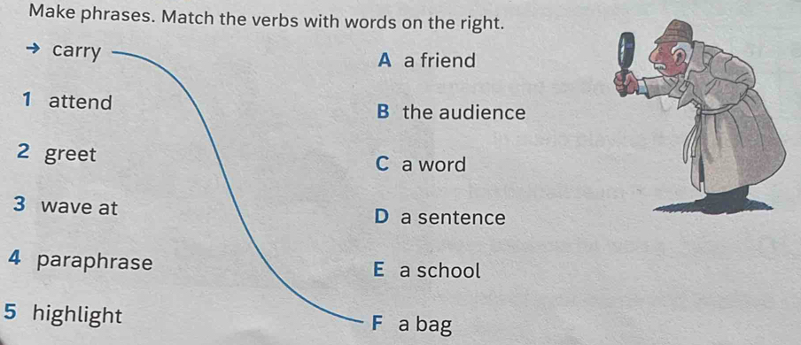 Make phrases. Match the verbs with words on the right.
carry
A a friend
1 attend B the audience
2 greet
C a word
3 wave at D a sentence
4 paraphrase E a school
5 highlight F a bag