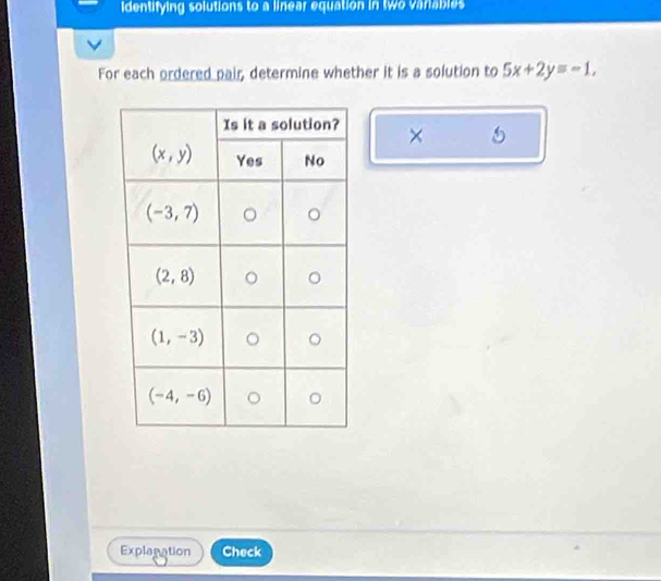 identifying solutions to a linear equation in two variables
For each ordered pair, determine whether it is a solution to 5x+2y=-1.
×
Explagation Check