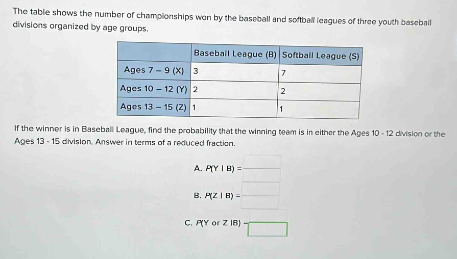 The table shows the number of championships won by the baseball and softball leagues of three youth baseball
divisions organized by age groups.
If the winner is in Baseball League, find the probability that the winning team is in either the Ages 10 - 12 division or the
Ages 13 - 15 division. Answer in terms of a reduced fraction.
A. P(Y|B)= □ /□  
B. P(Z|B)=□
C. P(YorZIB)= □ /□  