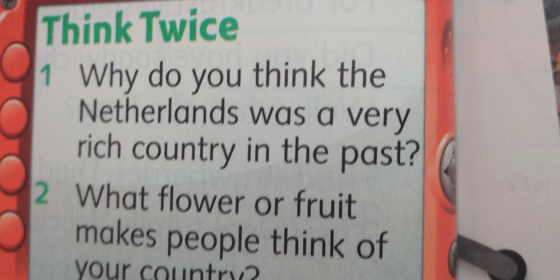 Think Twice 
1 Why do you think the 
Netherlands was a very 
rich country in the past? 
2 What flower or fruit 
makes people think of 
your country?