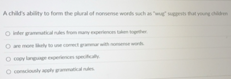 Solved: A child's ability to form the plural of nonsense words such as ...