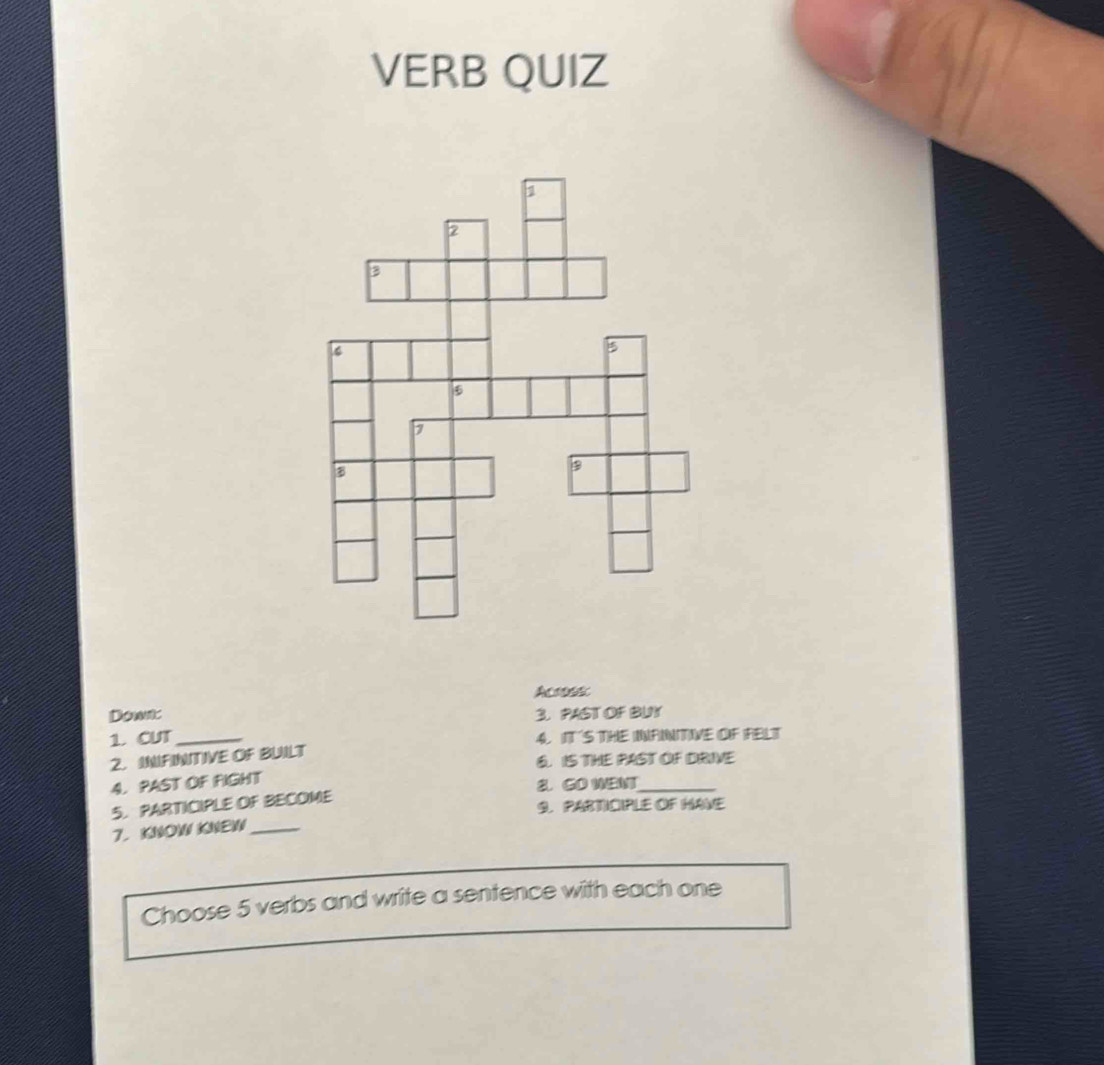 VERB QUIZ 
Acosssc 
Dowi 3. PAST OF BUY 
1. CUT _4. IT'S THE INATIVE OF FELT 
2. INIFINITIVE OF BUILT 
Q. IS THE PAST OF DRIVE 
4. PAST OF FIGHT 
2. GO WENT_ 
5. PARTICIPLE OF BECOME 
9. PARTICIPLE OF HANE 
7.KNOW KNEW_ 
Choose 5 verbs and write a sentence with each one