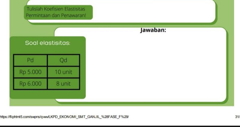 Tulislah Koefisien Elastisitas 
Permintaan dan Penawaran! 
Jawaban: 
Soal elastisitas: 
https://fliphtml5.com/swpns/qww/LKPD_EKONOMI_SMT_GANJIL_%28FASE_F%29/ 31/