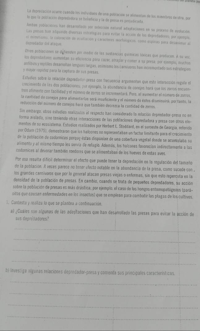 La depredación ocurre cuando los individuos de una población se alimentan de los miembros de otra, por
lo que la población depredadora se beñeficía y la de presa es perjudicada.
Ambas poblaciones han desarrollado por selección natural adaptaciones en su proceso de evolución.
Las presas han adquirido diversas estrategías para evitar la acción de los depredadores; por ejemplo,
el mimetismo, la coloración de ocultación y caracteres morfológicos, como espinas para desanimar al
depredador del ataque.
Otras poblaciones se dyfienden por medio de las sustancias químicas tóxicas que producen. A su vez,
los depredadores aumentan su eficiencia para cazar, atrapar y comer a sμ presa: por ejemplo, muchos
anfibios y reptiles desarrollan lenguas largas, asimismo los carnivoros han incrementado sus estrategias
y mayor rapidez para la captura de sus presas.
Estudios sobre la relación depredador-presa con frecuencia argumentan que esta interacción regula el
crecimiento de las dos poblaciones; por ejemplo, la abundancia de conejos hará que los zorros encuen-
tren alimento con facilidad y el número de zorros se incrementará. Pero, al aumentar el número de zorros,
la cantidad de conejos para alimentarlos será insuficiente y el número de éstos disminuirá; por tanto, la
reducción del número de conejos hará que también decrezca la cantidad de zorros.
Sin embargo, otros estudios realizados al respecto han considerado la relación depredador-presa no en
forma aislada, sino teniendo otras interacciones de las poblaciones depredadora y presa con ótros ele-
mentos de su ecosistema. Estudios realizados por Herbert L. Stoddard, en el suroeste de Georgia, referido
por Odum (1975), demostraron que los halcones no representaban un factor limitante para el crécimiento
de la población de codornices porque éstas disponían de una cobertura vegetal donde se acumulaba su
alimento y al mismo tiempo les servia de refugio. Además, los halcones favorecían indirectamente a las
codornices al devorar también roedores que se alimentaban de los huevos de estas aves.
Por eso resulta dificil determinar el efecto que puede tener la depredación en la regulación del tamaño
de la población. A veces parece no tener éfecto notable en la abundancia de la presa, como sucede con 
los grandes carnívoros que por lo general atacan presas viejas o enfermas, sin que esto repercuta en la
densidad de la población de presas. En cambio, cuando se trata de pequeños depredadores, su acción
sobre la población de presas es más drástica; por ejemplo, el caso de los hongos entomopatógenos (pará-
sitos que causan enfermedades en los insectos) que se emplean para combatir las plagas de los cultivos.
1. Contesta y realiza lo que se plantea a continuación.
a) ¿Cuáles son algunas de las adaptaciones que han desarrollado las presas para evitar la acción de
sus depredadores?
_
_
_
_
b) Investiga algunas relaciones depredador-presa y comenta sus principales características.
_
_
_
_