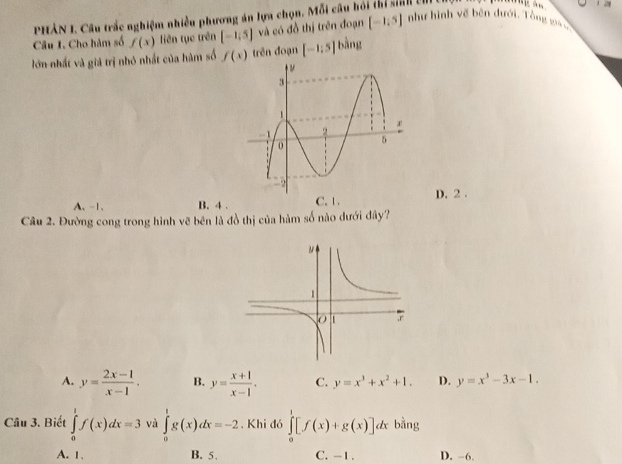 PHÀN I. Câu trắc nghiệm nhiều phương án lựa chọn. Mỗi câu hồi thí sinh c
Câu I. Cho hàm số f(x) liên tục trên [-1;5] và có đồ thị trên đoạn [-1,5] như hình vế bên dưới. Tông má 
lớn nhất và giá trị nhỏ nhất của hàm số f(x) trên đoạn [-1:5] bàng
D. 2.
A、 -1. B. 4. C. 1.
Câu 2. Đường cong trong hình vẽ bên là đồ thị của hàm số nào dưới đây?
A. y= (2x-1)/x-1 . B. y= (x+1)/x-1 . C. y=x^3+x^2+1. D. y=x^3-3x-1. 
Câu 3. Biết ∈tlimits _0^1f(x)dx=3 và ∈tlimits _0^1g(x)dx=-2. Khi đó ∈tlimits _0^1[f(x)+g(x)]dx bằng
A. 1. B. 5. C. -1. D. -6.