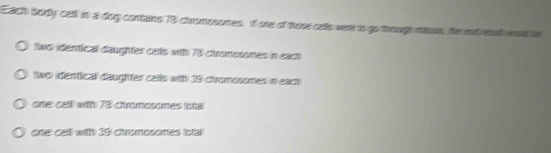 Each body cell in a dog contains 73 chromosomes. If ore of tose cels were io go trough mies, the endreast woud be
two identicall daughter calls with 73 chromosomes in each
two identicall daughter calls with 39 chromosomes in eact
one celll with 78 chromosomes (ota
orie celll with 39 chromosomes fotal