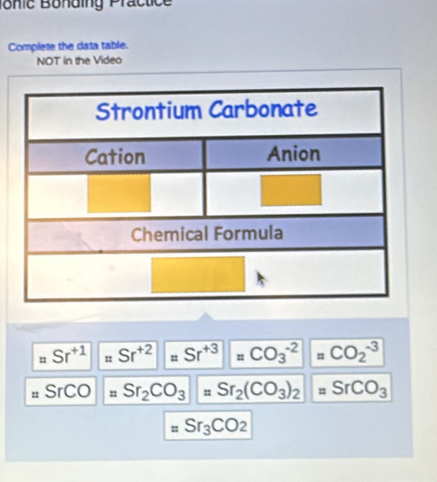 Tonic Bonding Practice 
Complete the data table. 
NOT in the Video 
: Sr^(+1) :: Sr^(+2)=Sr^(+3)=CO_3^((-2)=CO_2^(-3)
# SrCO z Sr_2)CO_3=Sr_2(CO_3)_2=SrCO_3
=Sr_3CO_2