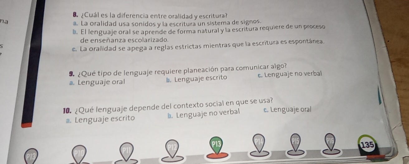 Cuál es la diferencia entre oralidad y escritura
na. La oralidad usa sonidos y la escritura un sistema de signos,. El lenguaje oral se aprende de forma natural y la escritura requiere de un proceso
de enseñanza escolarizado.
S
c. La oralidad se apega a reglas estrictas mientras que la escritura es espontánea.
9. ¿Qué tipo de lenguaje requiere planeación para comunicar algo?
a. Lenguaje oral b. Lenguaje escrito c. Lenguaje no verbal
10. ¿Qué lenguaje depende del contexto social en que se usa?
a. Lenguaje escrito b. Lenguaje no verbal c. Lenguaje oral
135