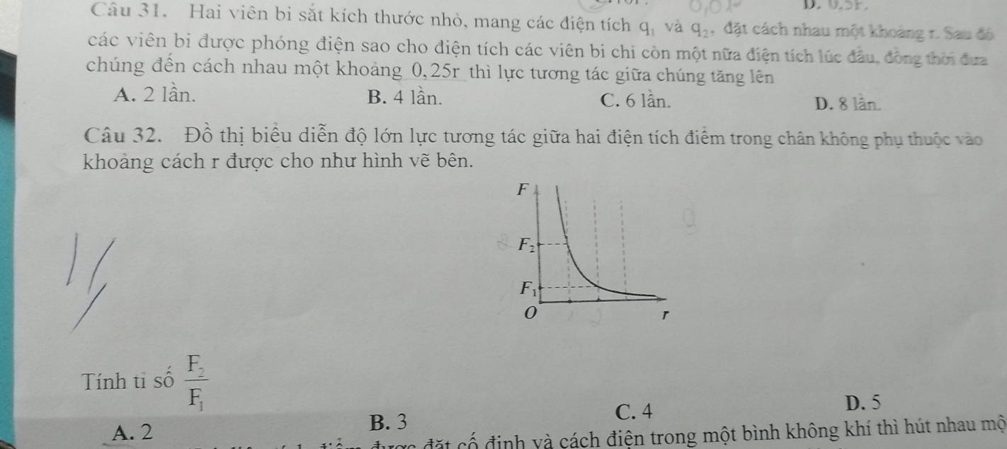 Hai viên bi sắt kích thước nhỏ, mang các điện tích q_1 và q_2 ,  đặt cách nhau một khoảng r. Sau đó
các viên bi được phóng điện sao cho điện tích các viên bi chi còn một nữa điện tích lúc đầu, đồng thời đưa
chúng đến cách nhau một khoảng 0,25r thì lực tương tác giữa chúng tăng lên
A. 2 lần. B. 4 lần. C. 6 lần. D. 8 lần.
Câu 32. Đồ thị biểu diễn độ lớn lực tương tác giữa hai điện tích điểm trong chân không phụ thuộc vào
khoảng cách r được cho như hình vẽ bên.
Tính tỉ số frac F_2F_1
A. 2 B. 3
C. 4
D. 5
c đặ  cổ định và cách điện trong một bình không khí thì hút nhau mộ